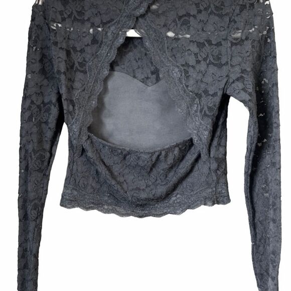 Express Black Lace Long Sleeve Open Back Crop Top Size XS - Picture 3 of 7